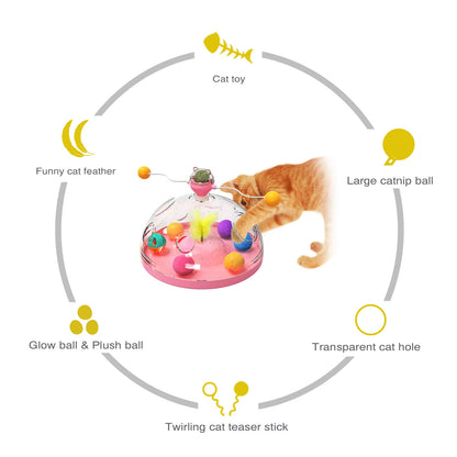 Cat Puzzle Toys Indoor for Kitten Interactive Games Spinning Track Balls & Feather Teaser Toy Stimulation Brain Treasure Chest